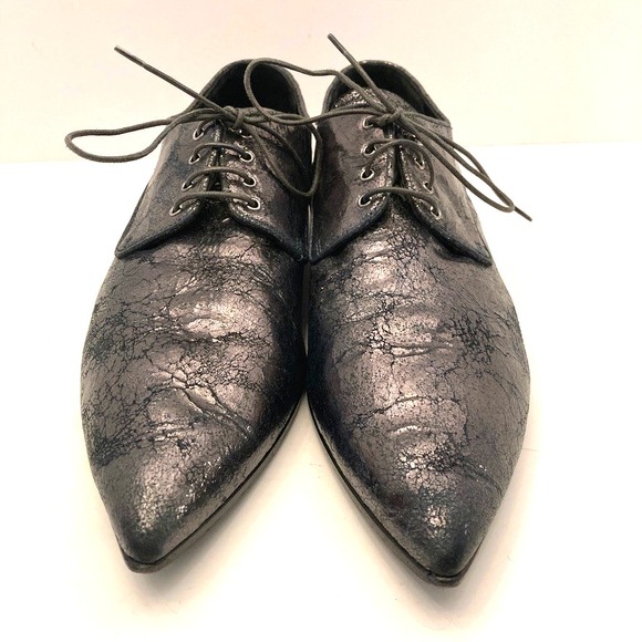 Miu Miu Oxford Lace Up Waxed Leather Metallic Crinkle Womens‎ 9.5 EU 39.5 - Picture 3 of 11